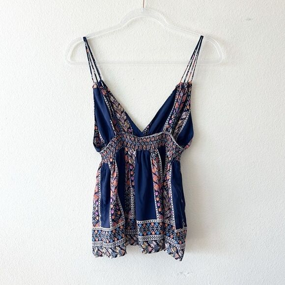 Blush Navy Bohemian Border Floral Print Smocked Casual Cami Tank Top - Picture 9 of 14
